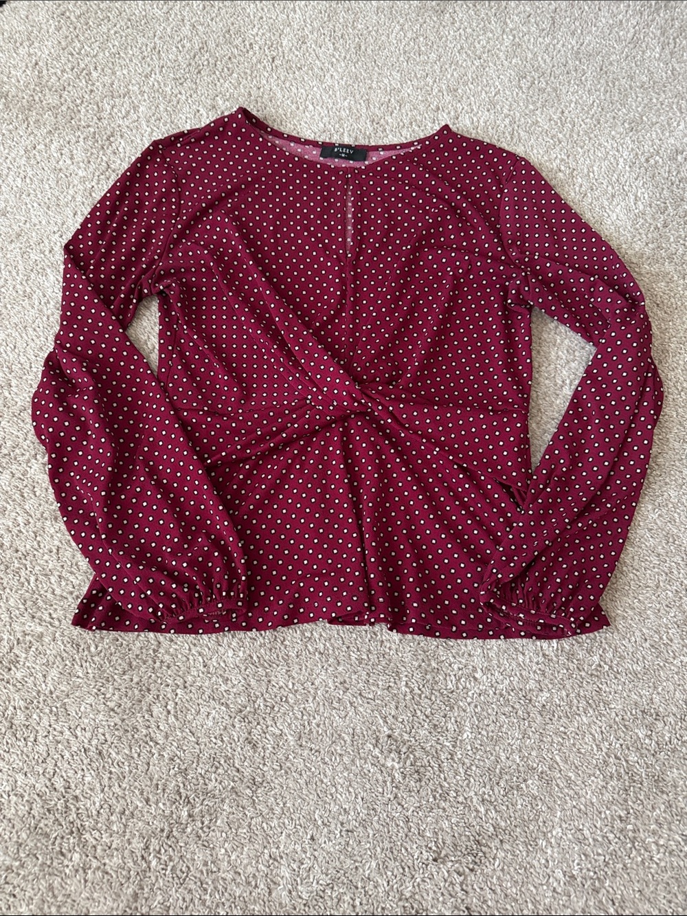 Burgundy Polka Dot Long-Sleeve Twist Front Top